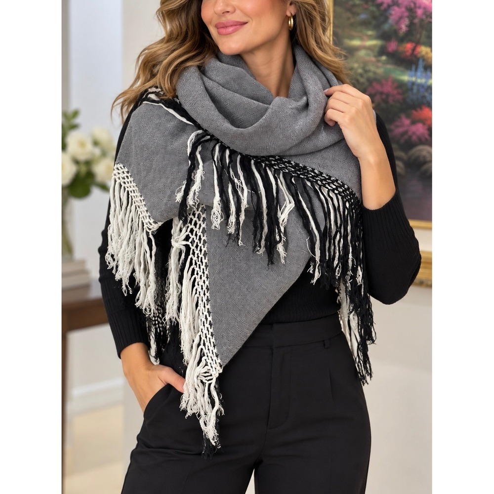 Unbranded Grey Woven Triangle Shawl Black White Macrame Fringe Wrap Morocco